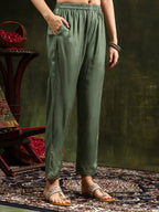 Hand Embroidered & Digital Printed Muslin Kurta With Pant & Printed Dupatta, Green - Hiral Fashion | Grocsy