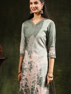 Hand Embroidered & Digital Printed Muslin Kurta With Pant & Printed Dupatta, Green - Hiral Fashion | Grocsy