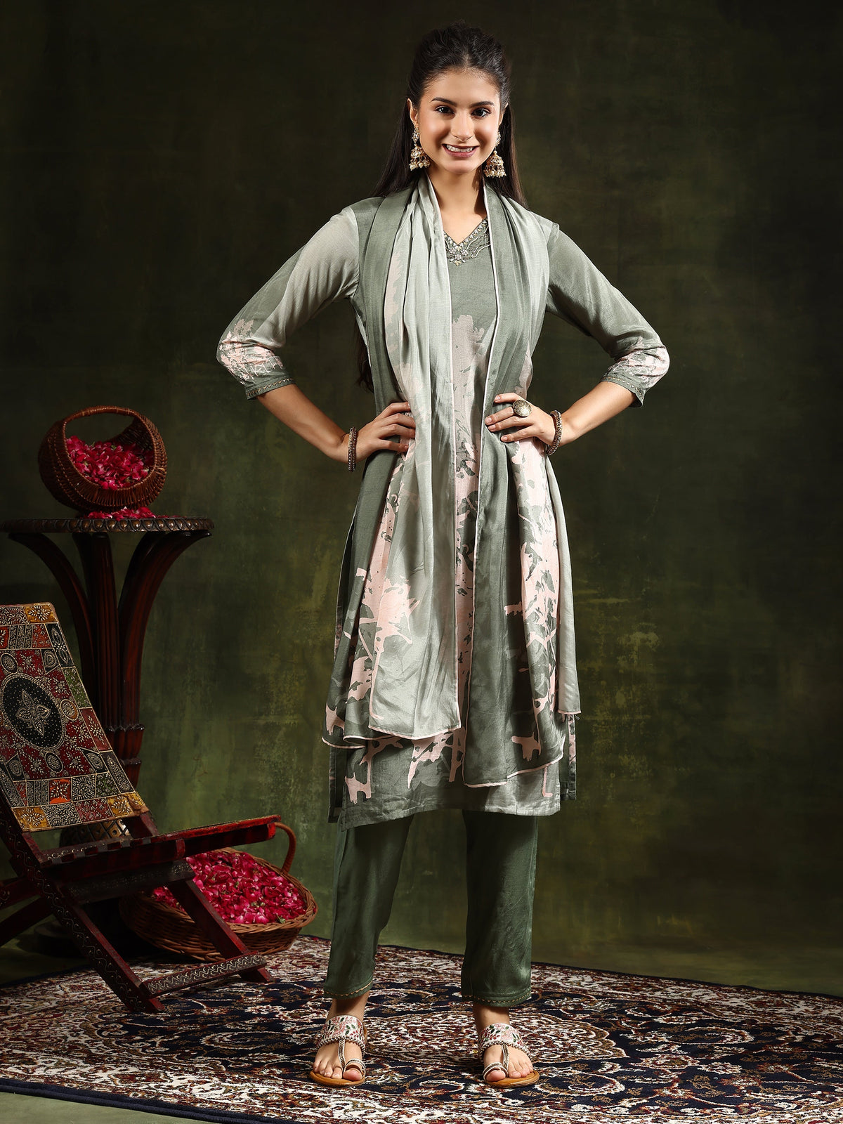 Hand Embroidered & Digital Printed Muslin Kurta With Pant & Printed Dupatta, Green - Hiral Fashion | Grocsy