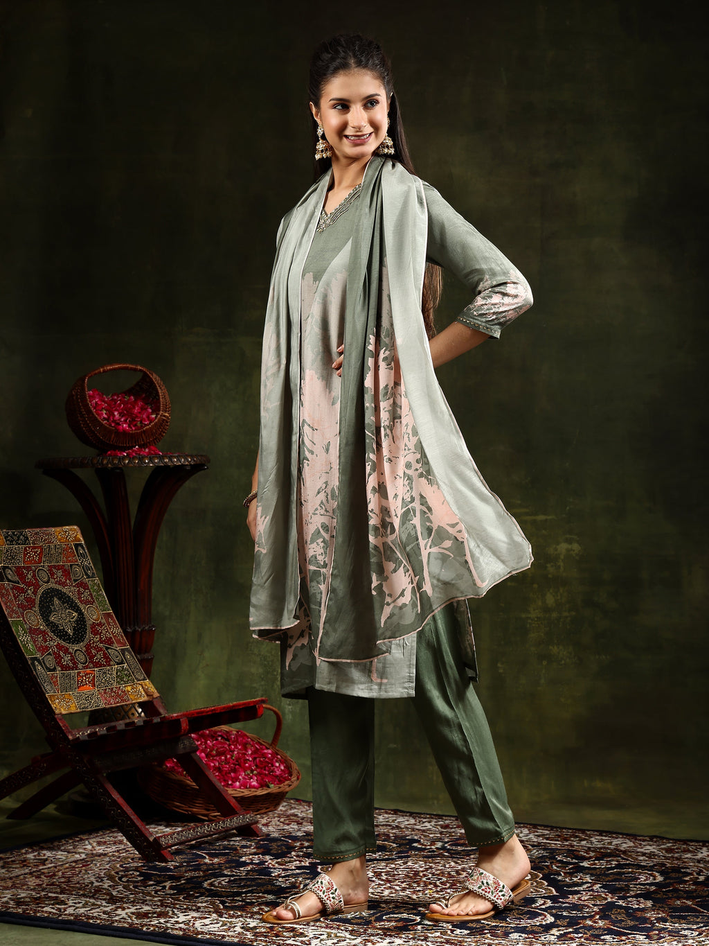 Hand Embroidered & Digital Printed Muslin Kurta With Pant & Printed Dupatta, Green - Hiral Fashion | Grocsy