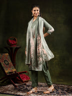 Hand Embroidered & Digital Printed Muslin Kurta With Pant & Printed Dupatta, Green - Hiral Fashion | Grocsy