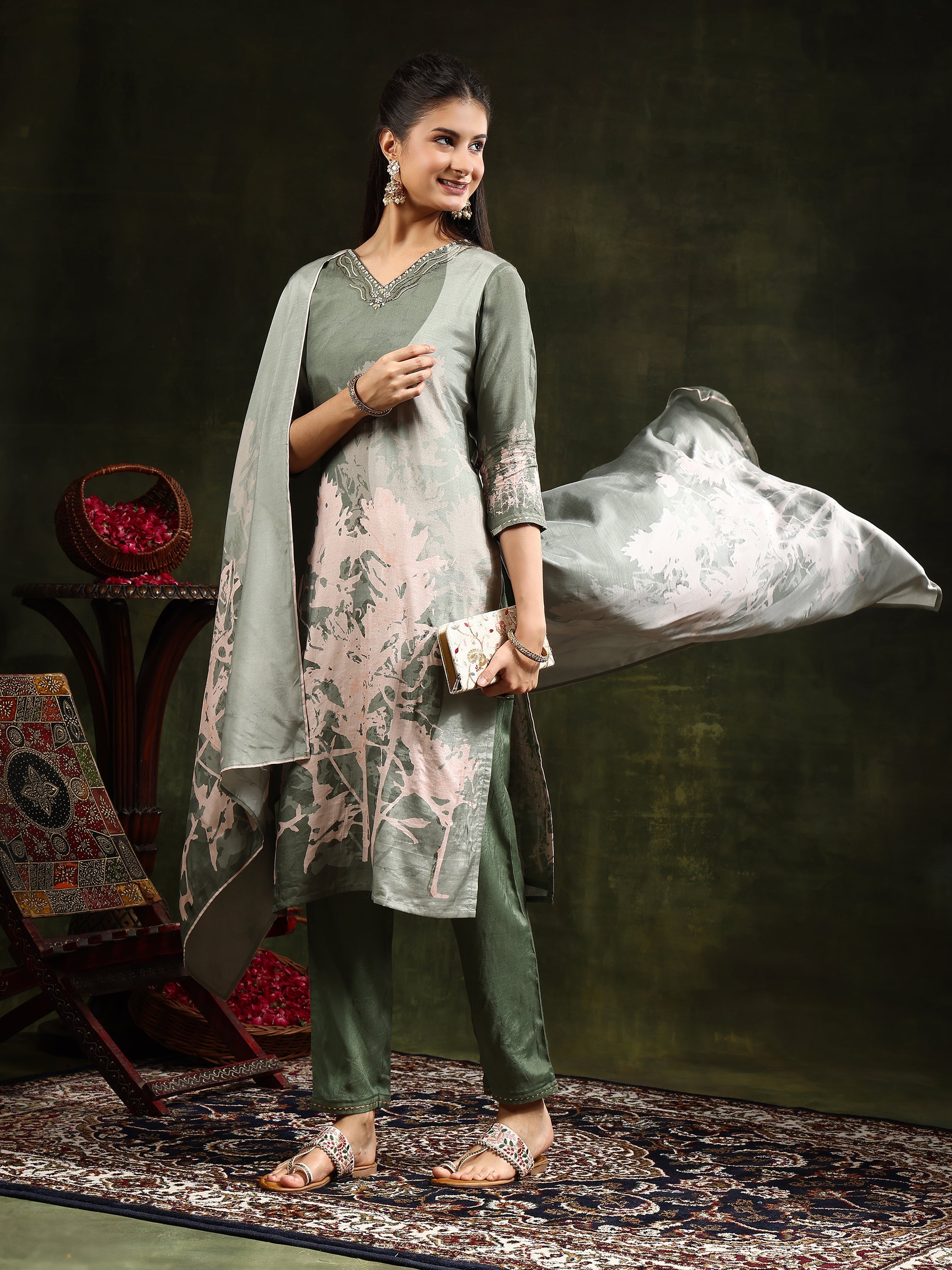 Hand Embroidered & Digital Printed Muslin Kurta With Pant & Printed Dupatta, Green - Hiral Fashion | Grocsy