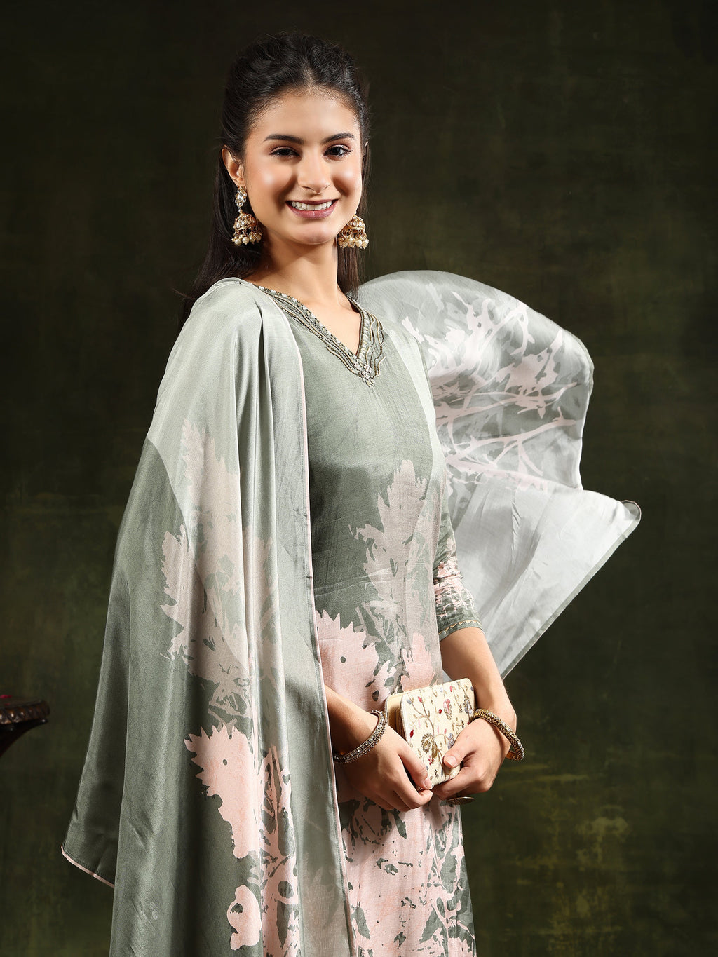 Hand Embroidered & Digital Printed Muslin Kurta With Pant & Printed Dupatta, Green - Hiral Fashion | Grocsy