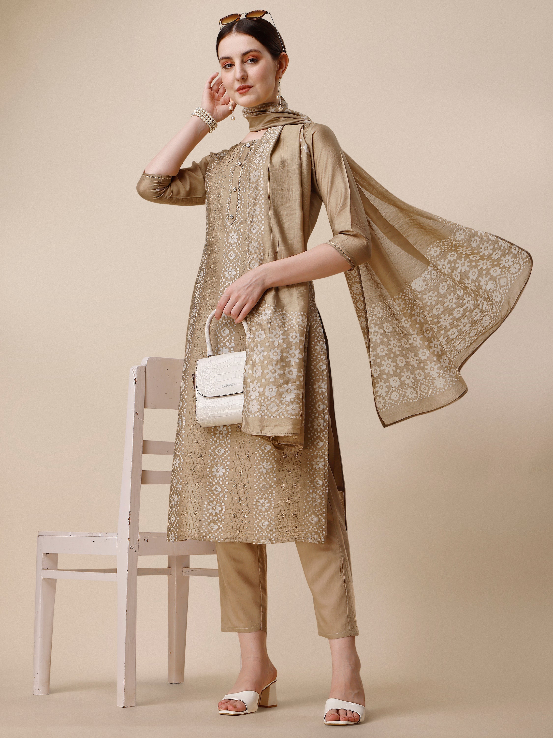 Embroidered & Printed Kurta With Pant And Dupatta Set, Multicolor - Hiral Fashion | Grocsy
