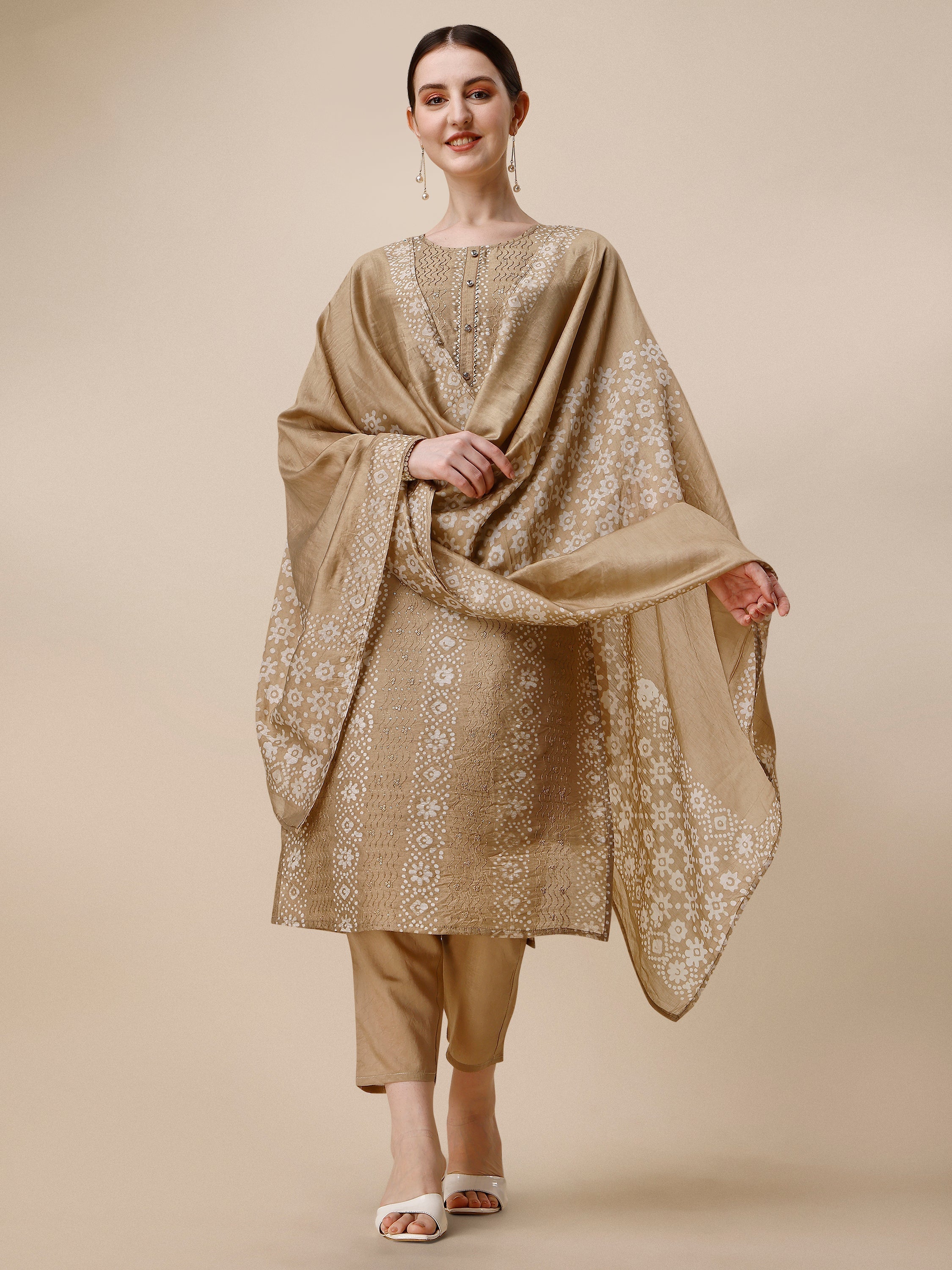 Embroidered & Printed Kurta With Pant And Dupatta Set, Multicolor - Hiral Fashion | Grocsy