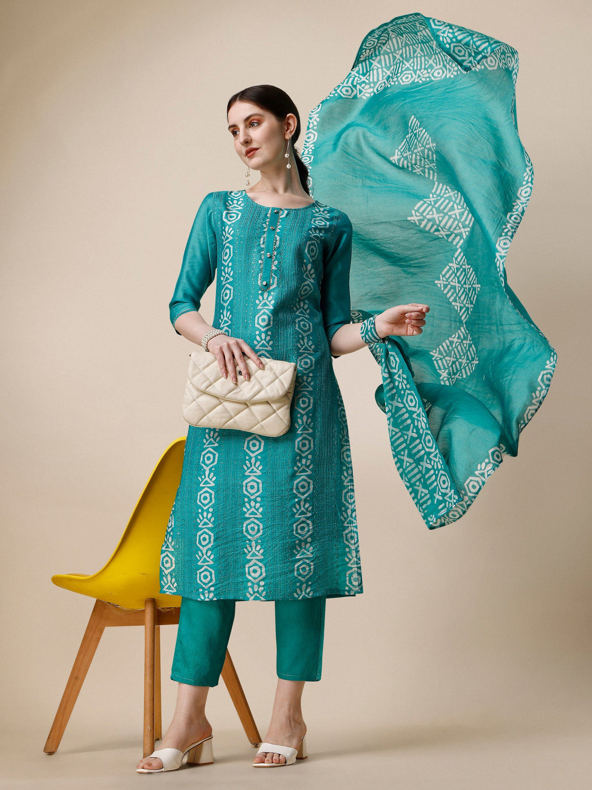 Embroidered Kurta With Pant And Dupatta Set, Multicolor - Hiral Fashion | Grocsy