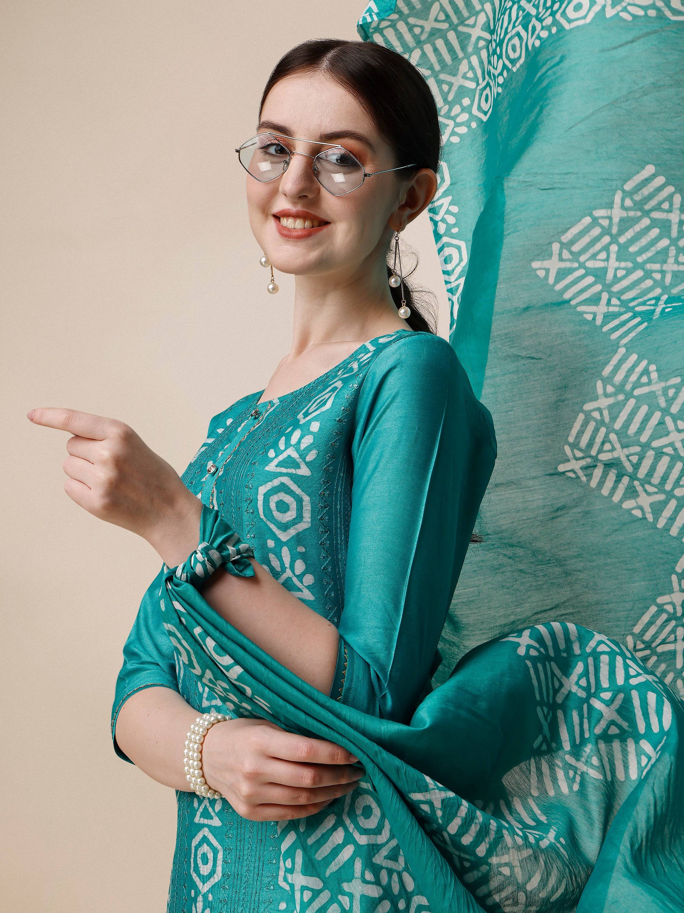 Embroidered Kurta With Pant And Dupatta Set, Multicolor - Hiral Fashion | Grocsy