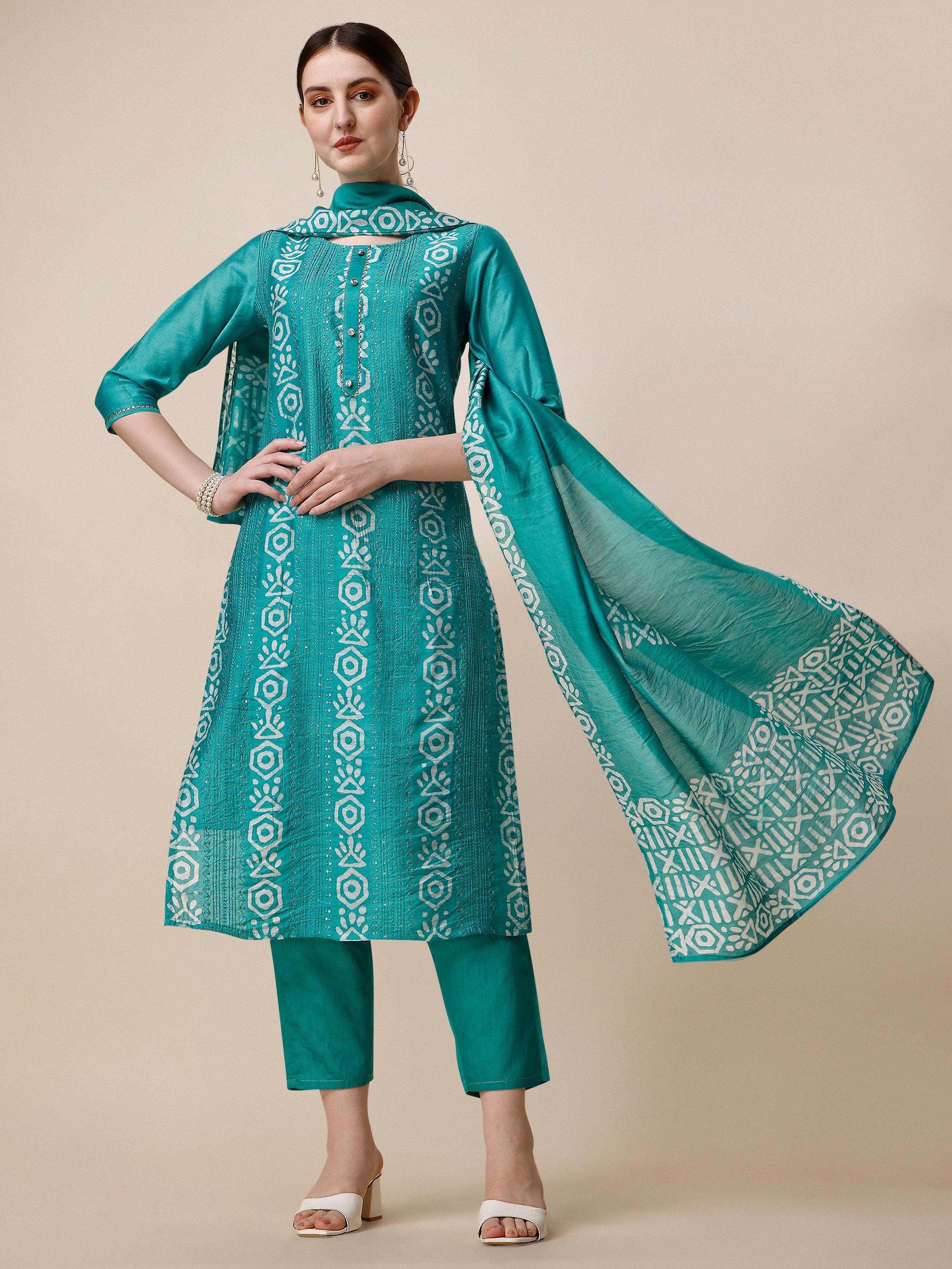 Embroidered Kurta With Pant And Dupatta Set, Multicolor - Hiral Fashion | Grocsy