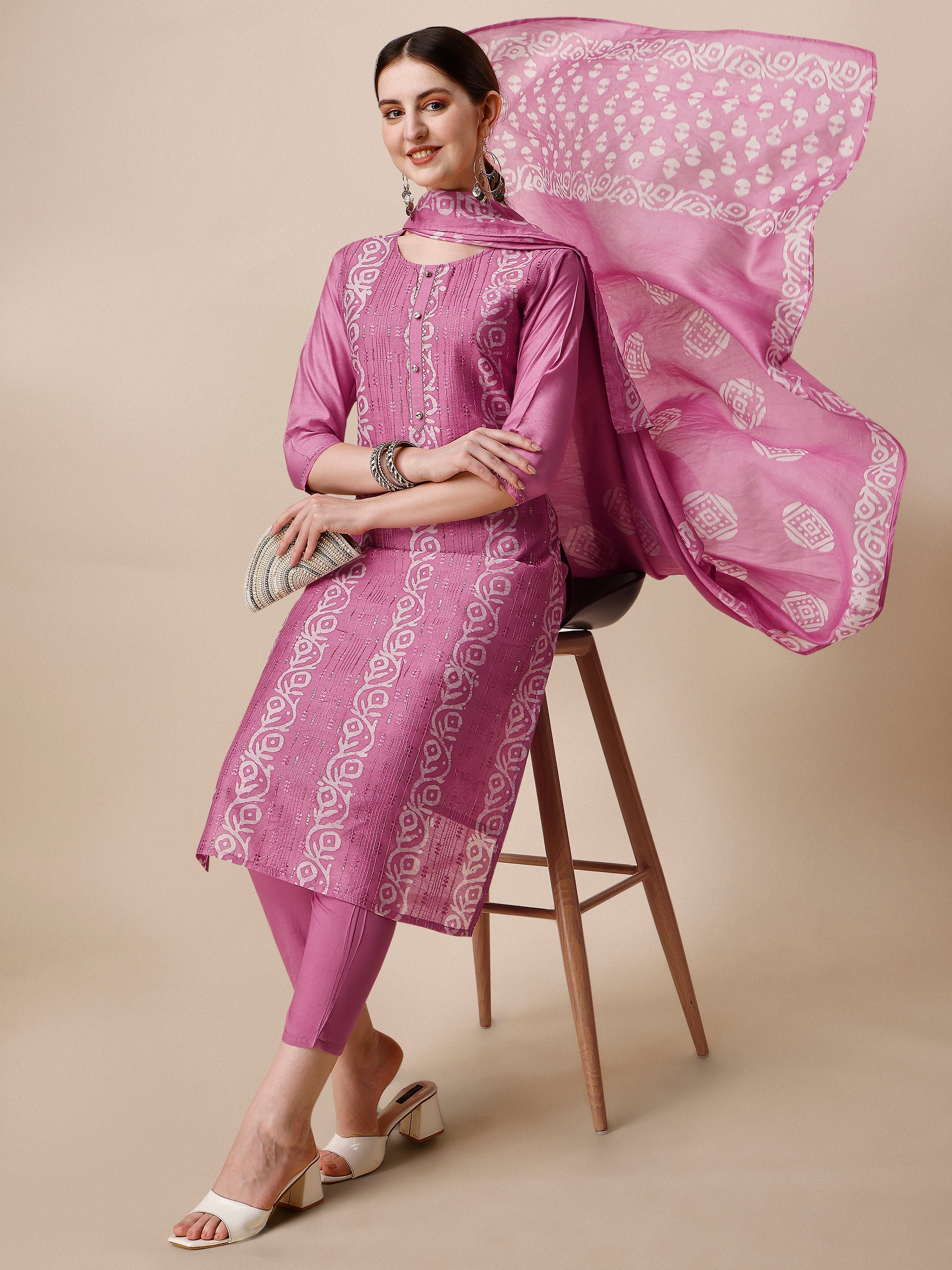 Embroidered & Printed Kurta With Pant And Dupatta Set, Multicolor - Hiral Fashion | Grocsy