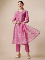 Embroidered & Printed Kurta With Pant And Dupatta Set, Multicolor - Hiral Fashion | Grocsy