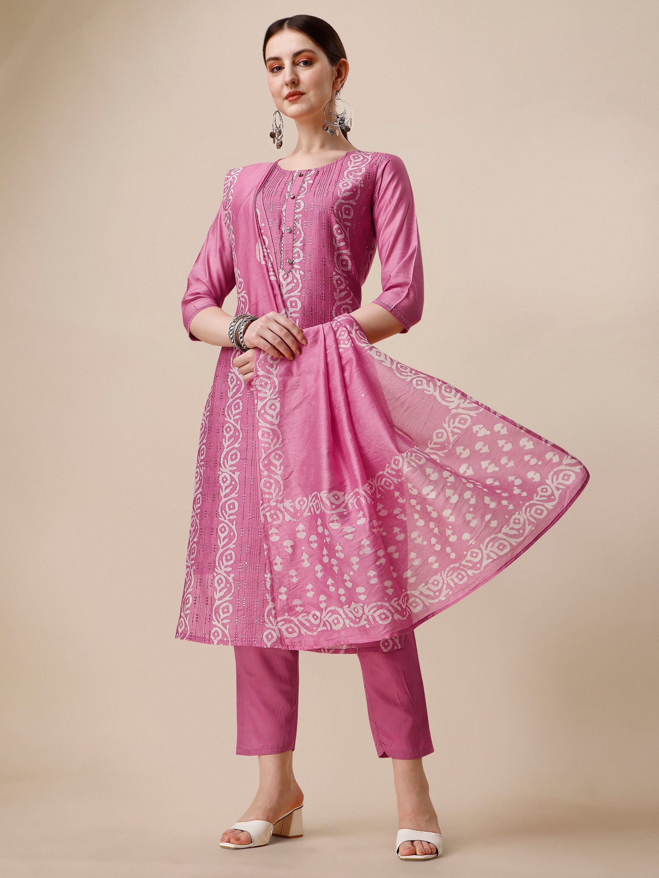 Embroidered & Printed Kurta With Pant And Dupatta Set, Multicolor - Hiral Fashion | Grocsy
