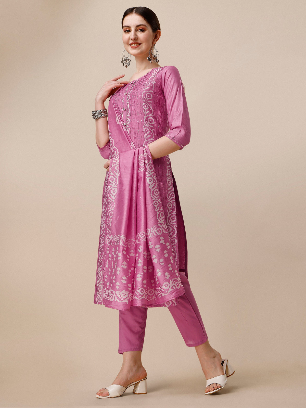 Embroidered & Printed Kurta With Pant And Dupatta Set, Multicolor - Hiral Fashion | Grocsy