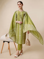 Printed & Embroidered Kurta With Pant & Printed Dupatta Set, Multicolor - Hiral Fashion | Grocsy