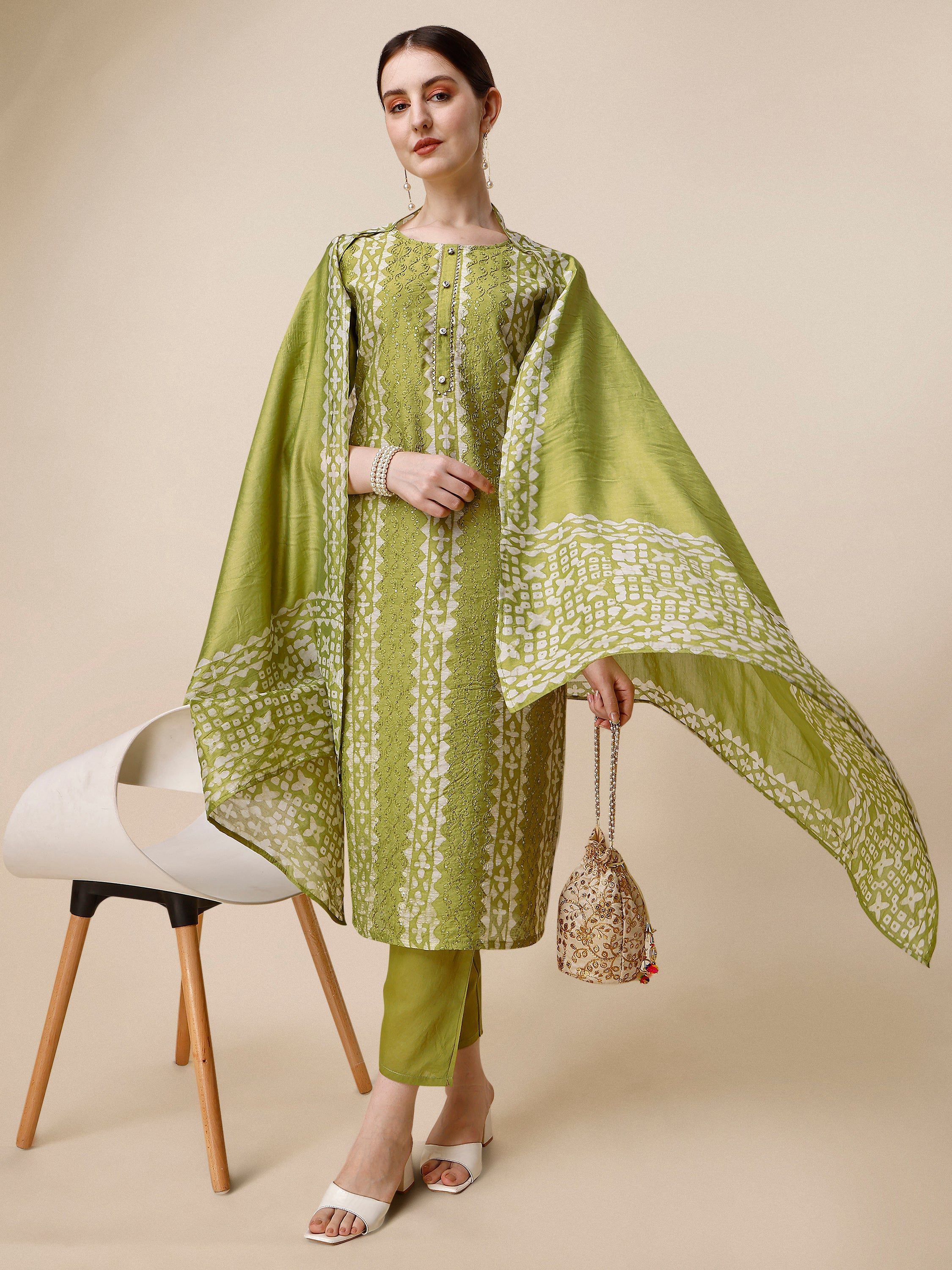 Printed & Embroidered Kurta With Pant & Printed Dupatta Set, Multicolor - Hiral Fashion | Grocsy