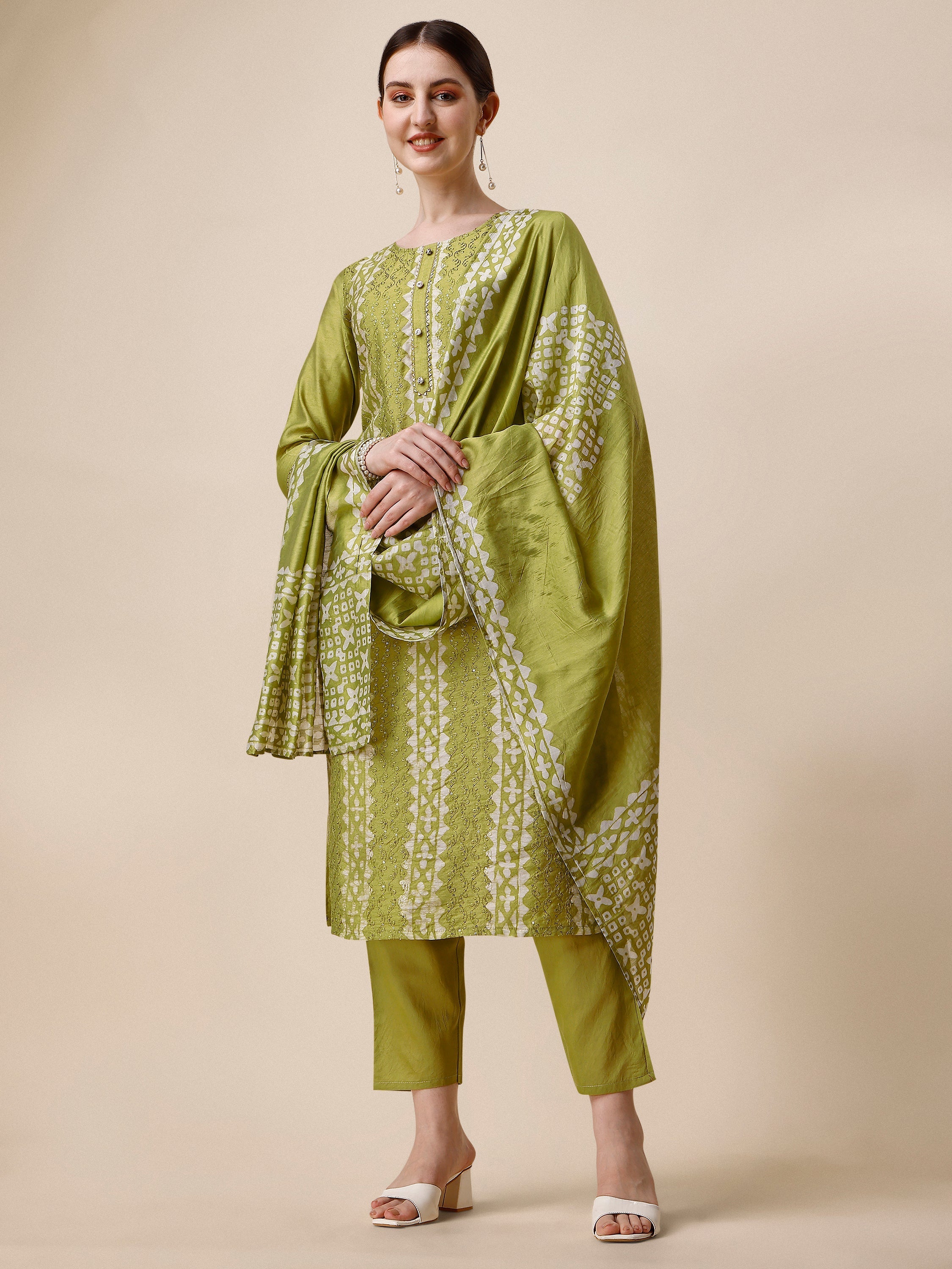 Printed & Embroidered Kurta With Pant & Printed Dupatta Set, Multicolor - Hiral Fashion | Grocsy