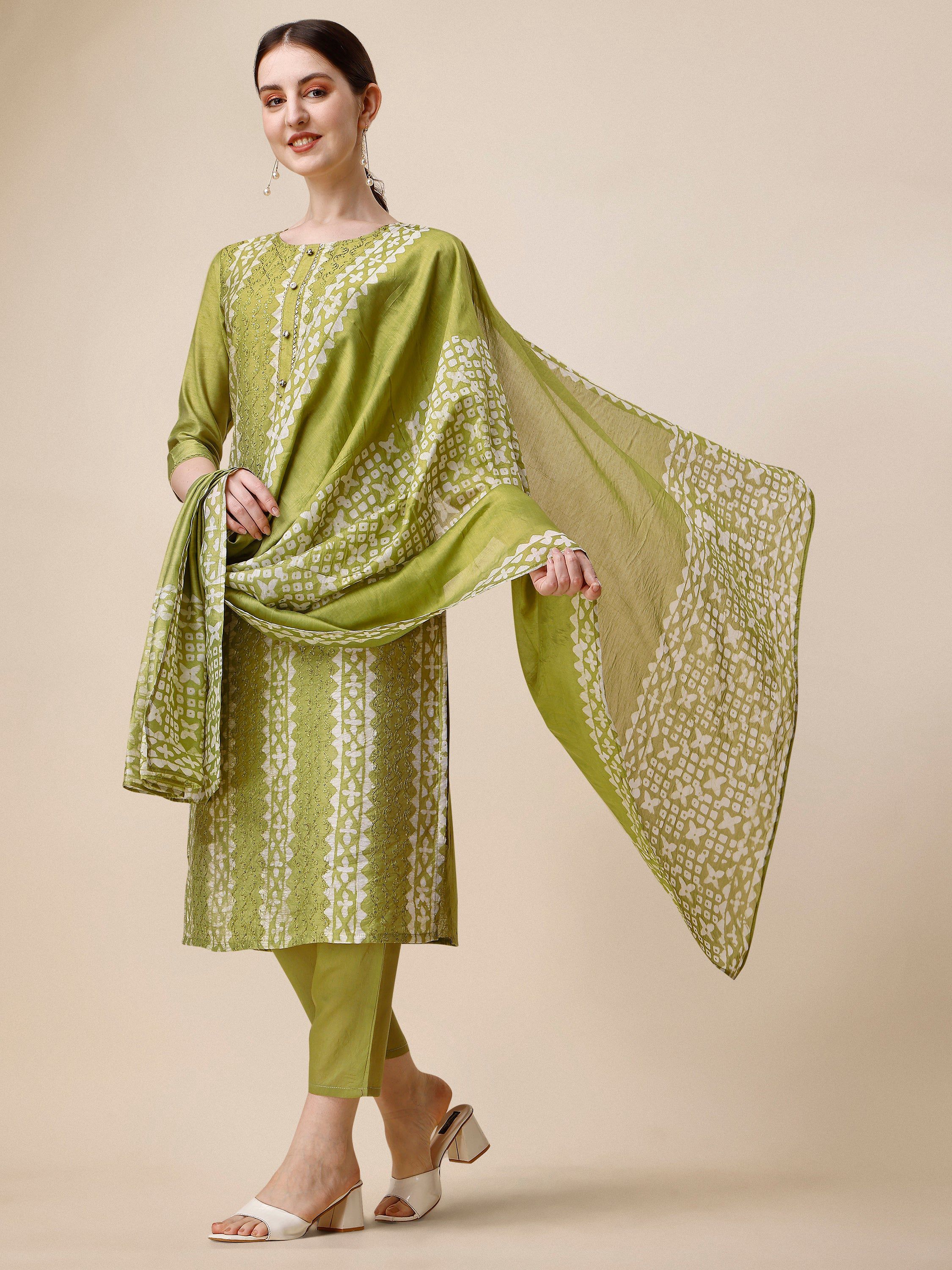 Printed & Embroidered Kurta With Pant & Printed Dupatta Set, Multicolor - Hiral Fashion | Grocsy