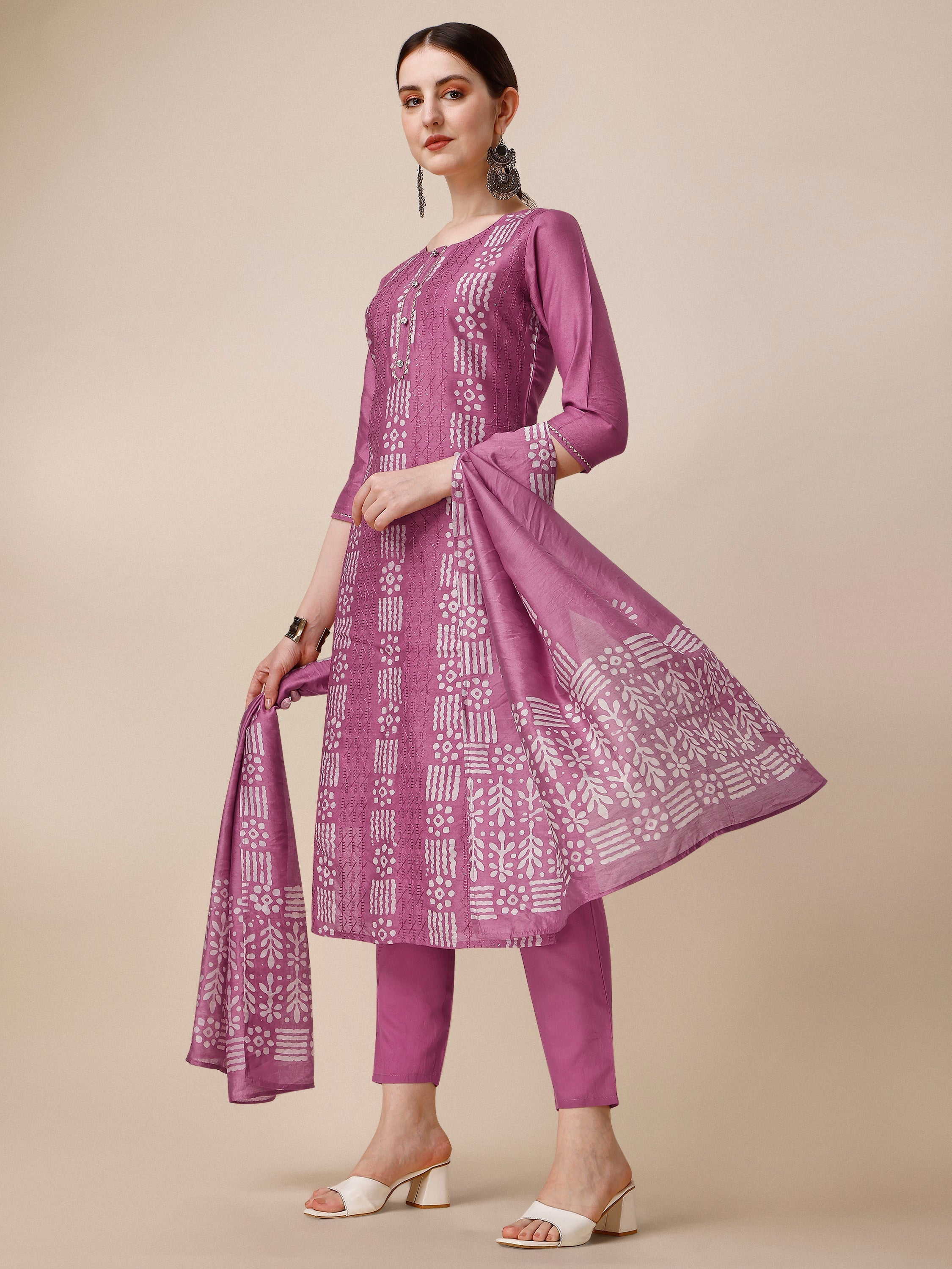 Chanderi Bandhni Printed Kurta With Pant & Dupatta Set, Multicolor - Hiral Fashion | Grocsy