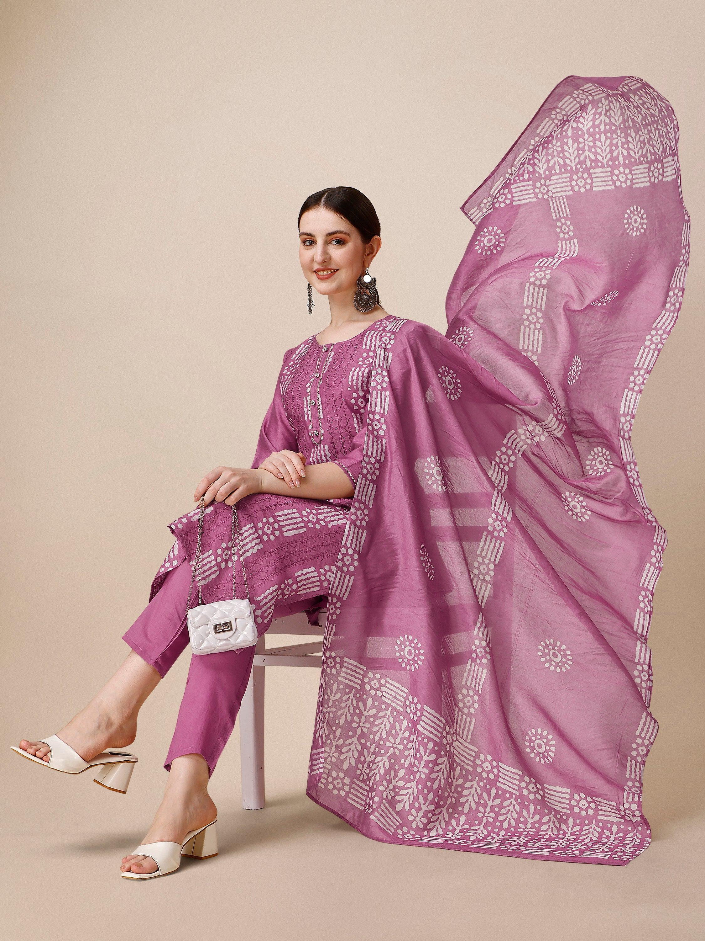 Chanderi Bandhni Printed Kurta With Pant & Dupatta Set, Multicolor - Hiral Fashion | Grocsy