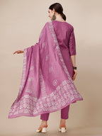 Chanderi Bandhni Printed Kurta With Pant & Dupatta Set, Multicolor - Hiral Fashion | Grocsy