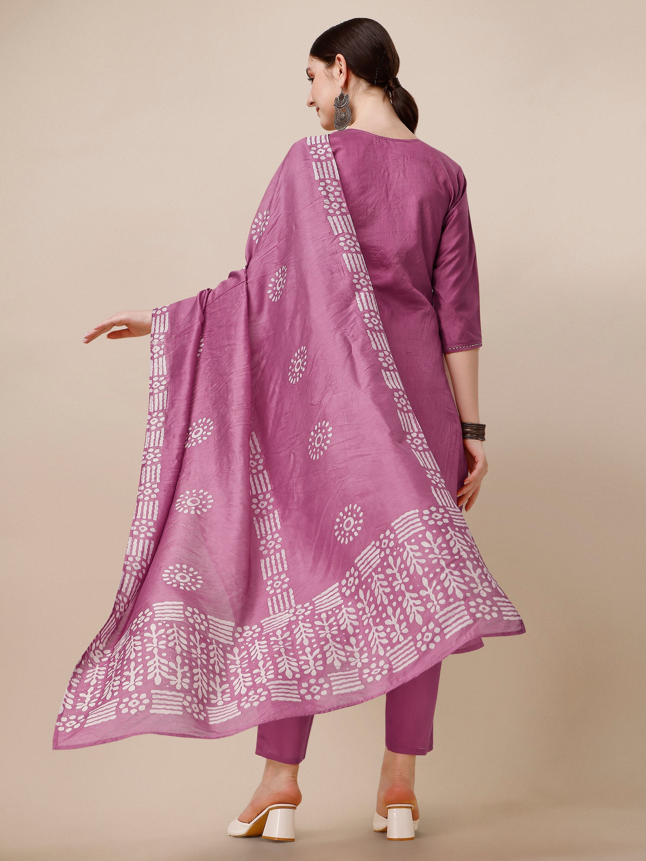 Chanderi Bandhni Printed Kurta With Pant & Dupatta Set, Multicolor - Hiral Fashion | Grocsy