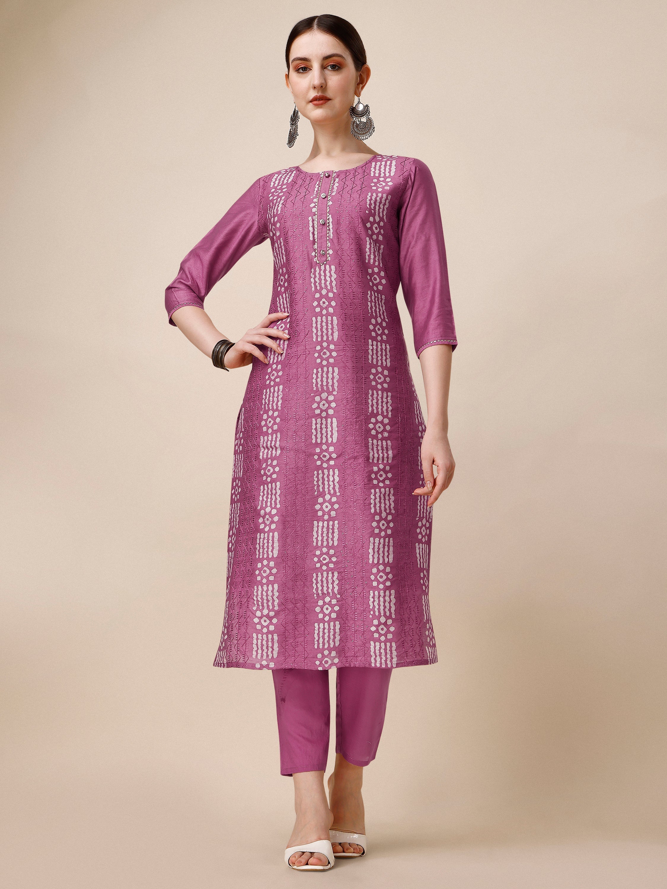 Chanderi Bandhni Printed Kurta With Pant & Dupatta Set, Multicolor - Hiral Fashion | Grocsy