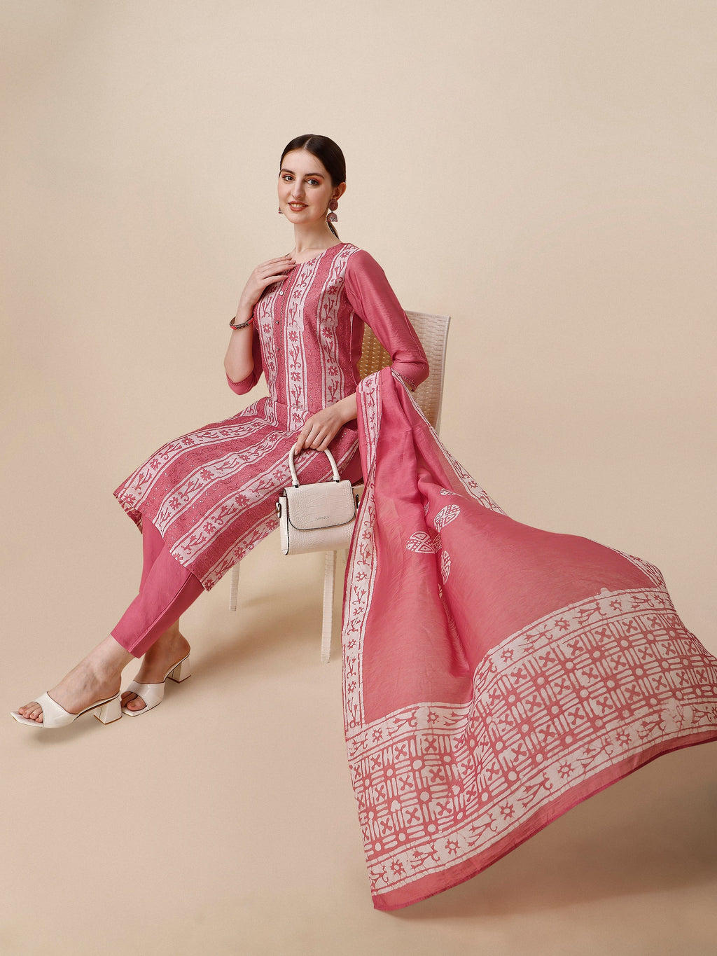 Printed & Embroidered Kurta With Pant & Dupatta Set, Multicolor - Hiral Fashion | Grocsy
