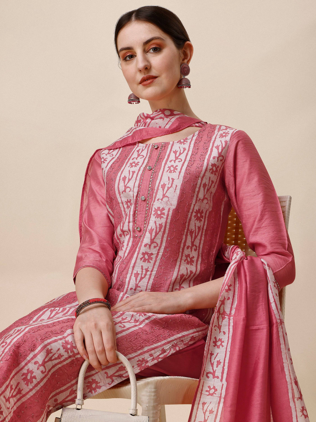 Printed & Embroidered Kurta With Pant & Dupatta Set, Multicolor - Hiral Fashion | Grocsy