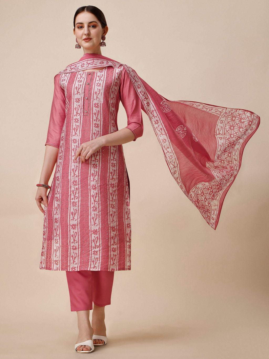 Printed & Embroidered Kurta With Pant & Dupatta Set, Multicolor - Hiral Fashion | Grocsy
