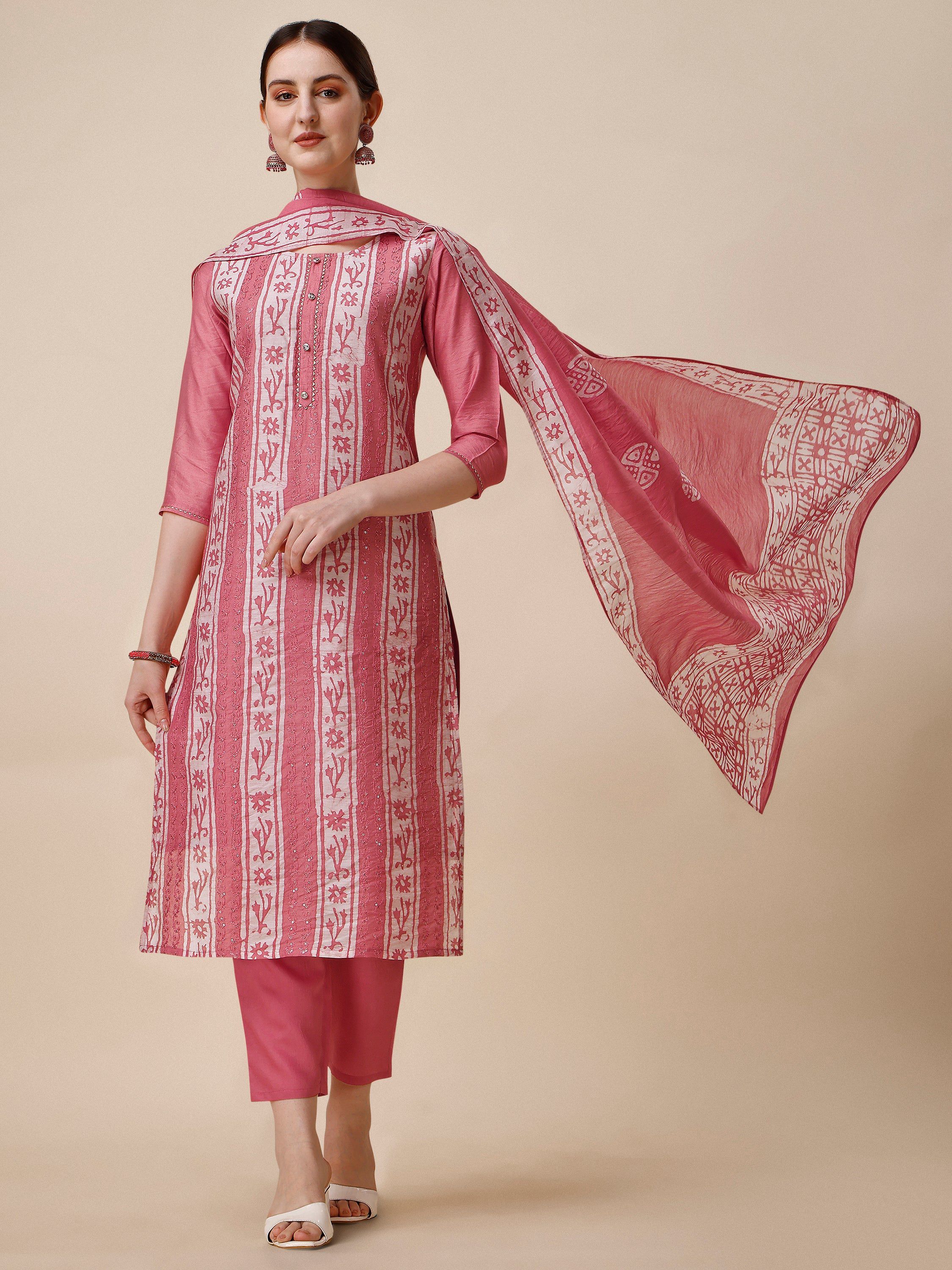 Printed & Embroidered Kurta With Pant & Dupatta Set, Multicolor - Hiral Fashion | Grocsy