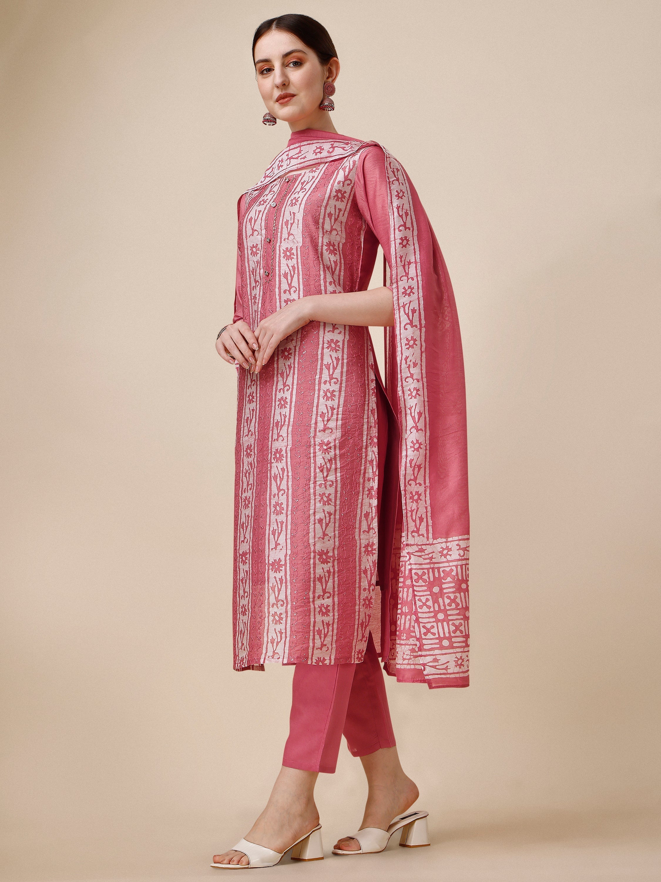 Printed & Embroidered Kurta With Pant & Dupatta Set, Multicolor - Hiral Fashion | Grocsy