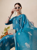 Printed & Embroidered Kurta With Pant & Dupatta Set, Multicolor - Hiral Fashion | Grocsy