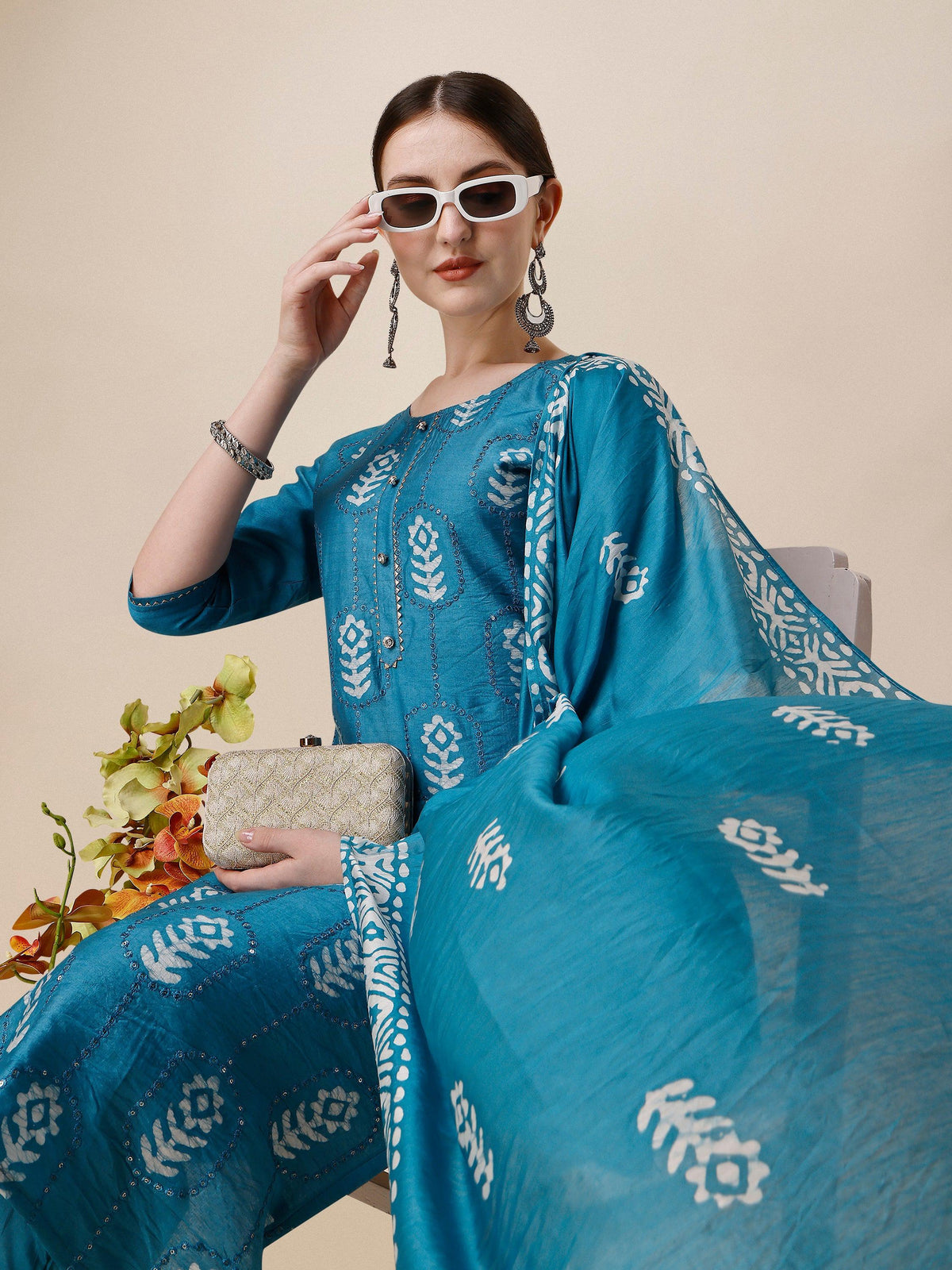 Printed & Embroidered Kurta With Pant & Dupatta Set, Multicolor - Hiral Fashion | Grocsy