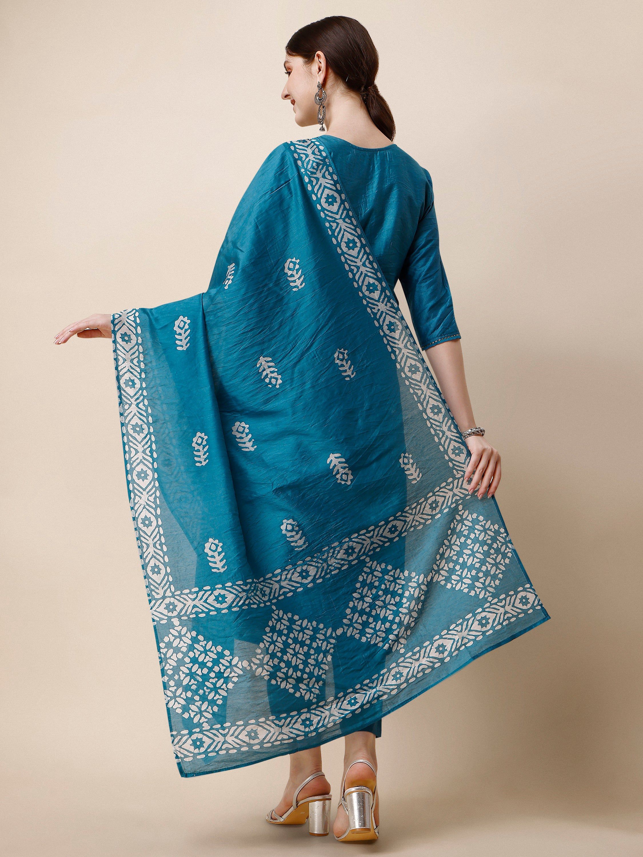Printed & Embroidered Kurta With Pant & Dupatta Set, Multicolor - Hiral Fashion | Grocsy