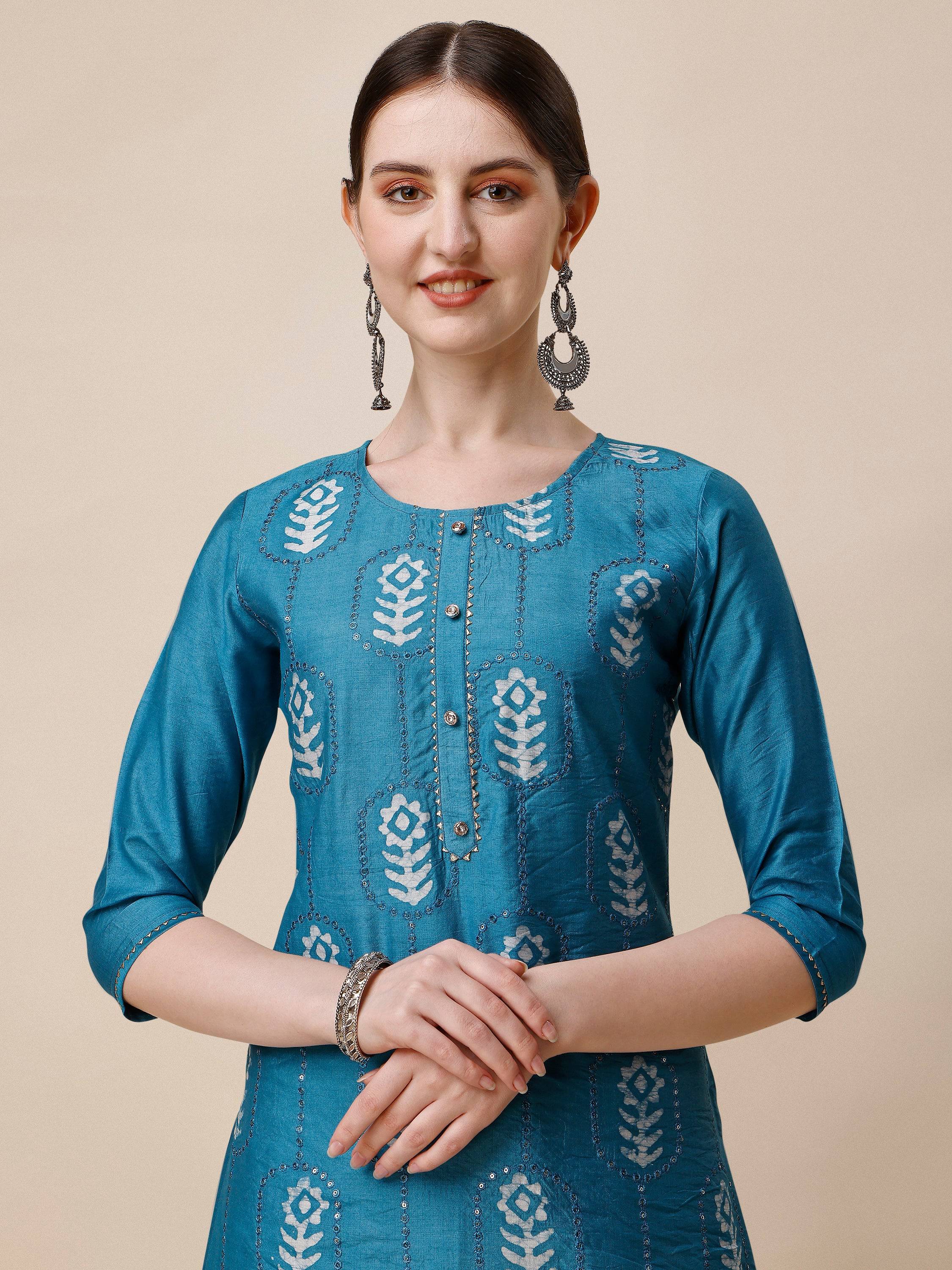 Printed & Embroidered Kurta With Pant & Dupatta Set, Multicolor - Hiral Fashion | Grocsy