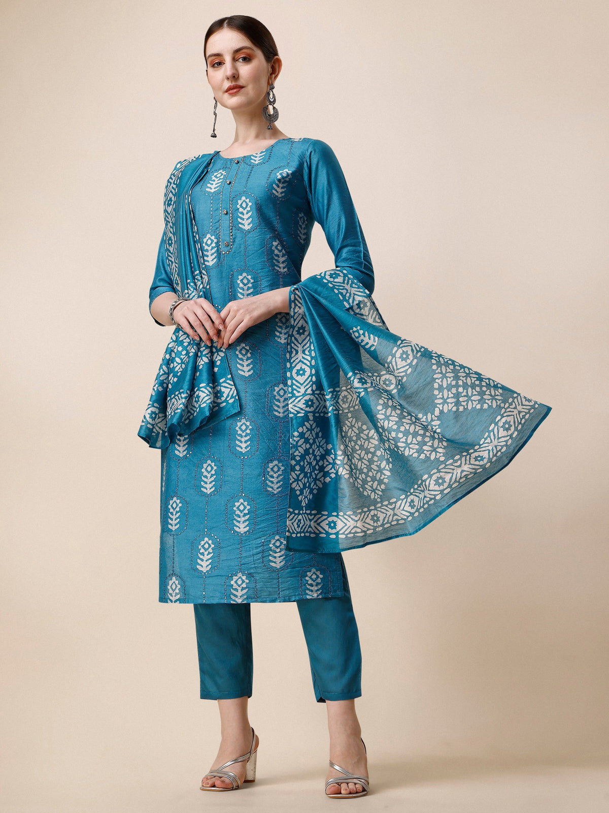 Printed & Embroidered Kurta With Pant & Dupatta Set, Multicolor - Hiral Fashion | Grocsy