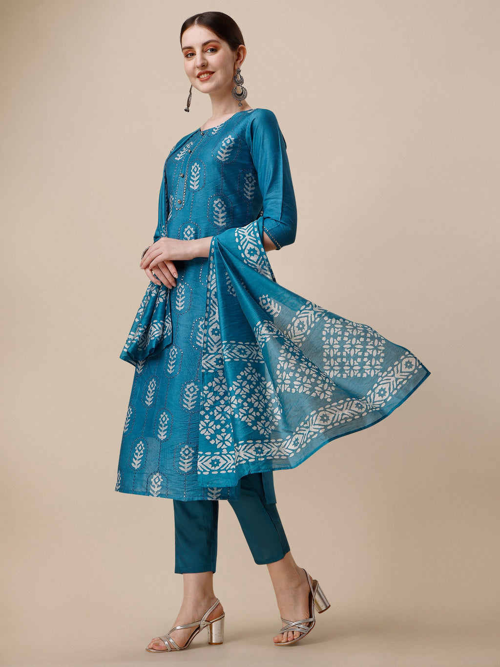 Printed & Embroidered Kurta With Pant & Dupatta Set, Multicolor - Hiral Fashion | Grocsy