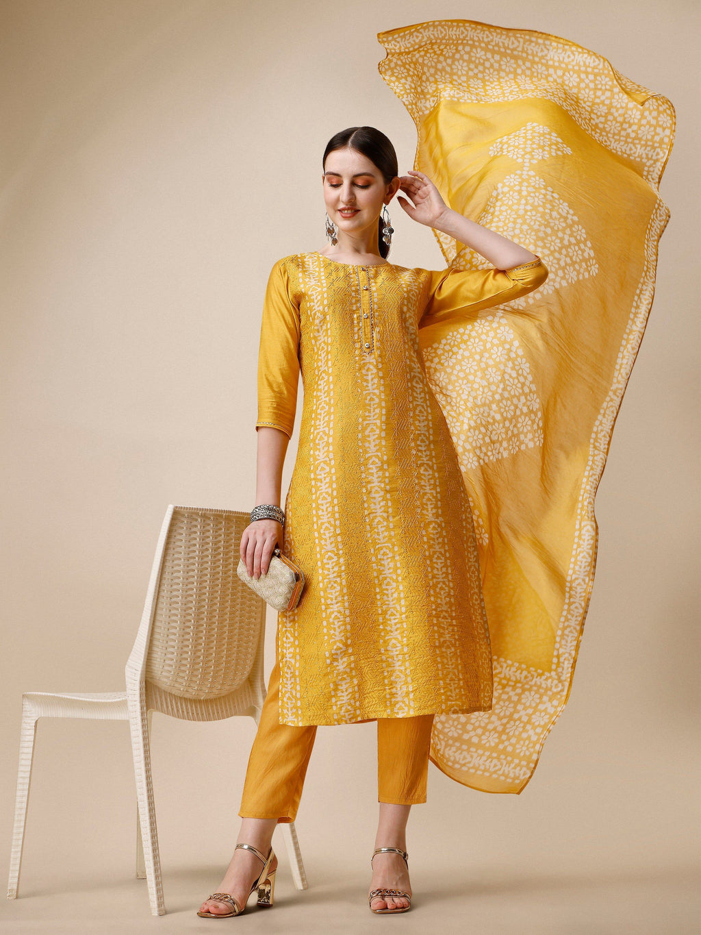 Printed & Embroidered Kurta With Pant & Dupatta Set, Multicolor - Hiral Fashion | Grocsy