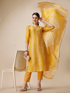 Printed & Embroidered Kurta With Pant & Dupatta Set, Multicolor - Hiral Fashion | Grocsy