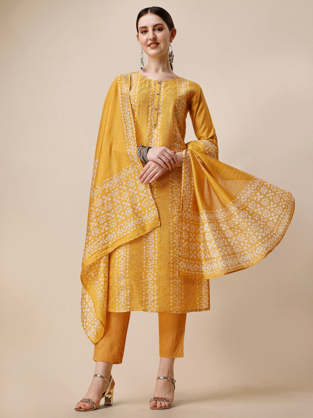 Printed & Embroidered Kurta With Pant & Dupatta Set, Multicolor - Hiral Fashion | Grocsy