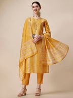 Printed & Embroidered Kurta With Pant & Dupatta Set, Multicolor - Hiral Fashion | Grocsy