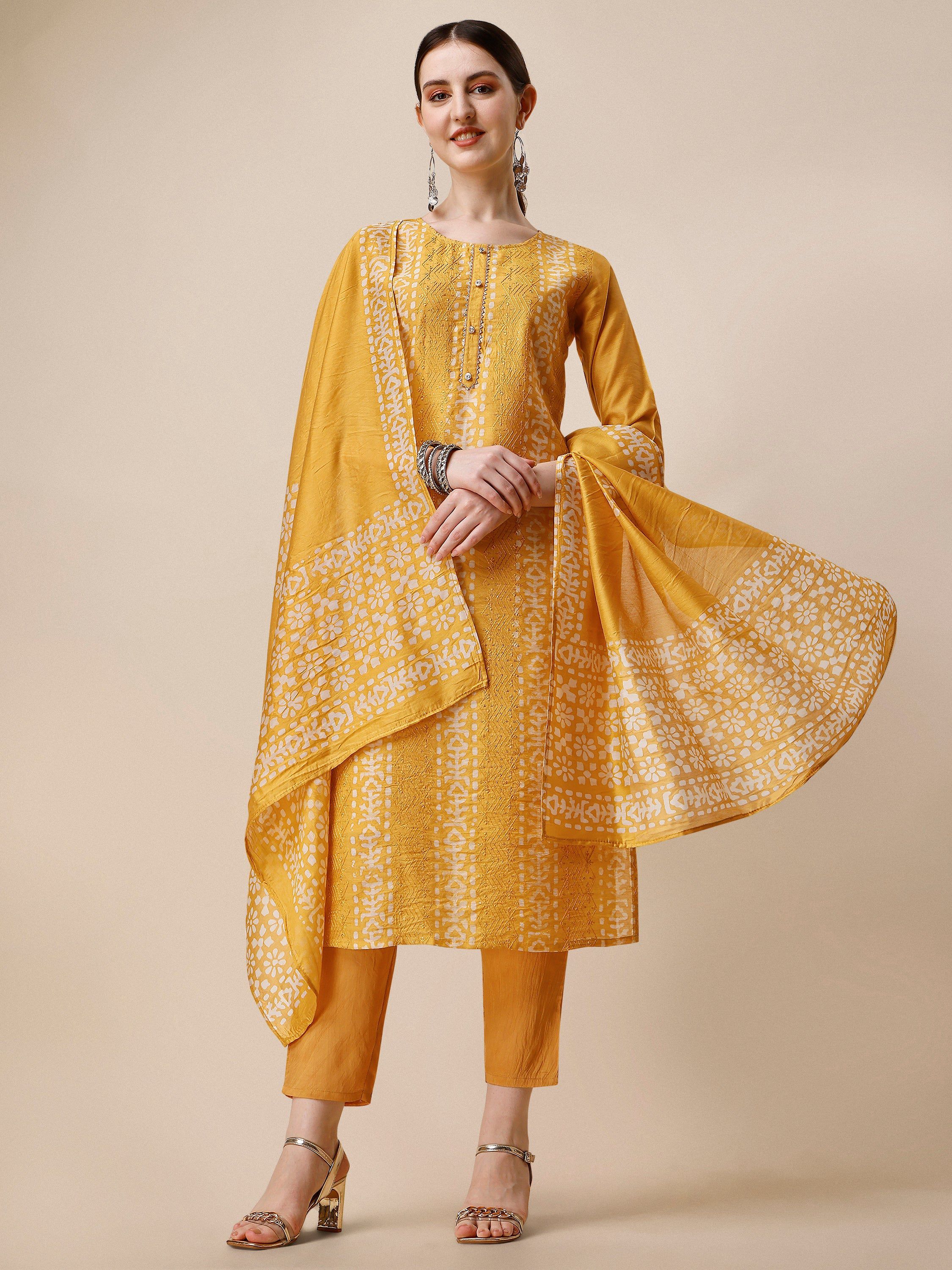 Printed & Embroidered Kurta With Pant & Dupatta Set, Multicolor - Hiral Fashion | Grocsy