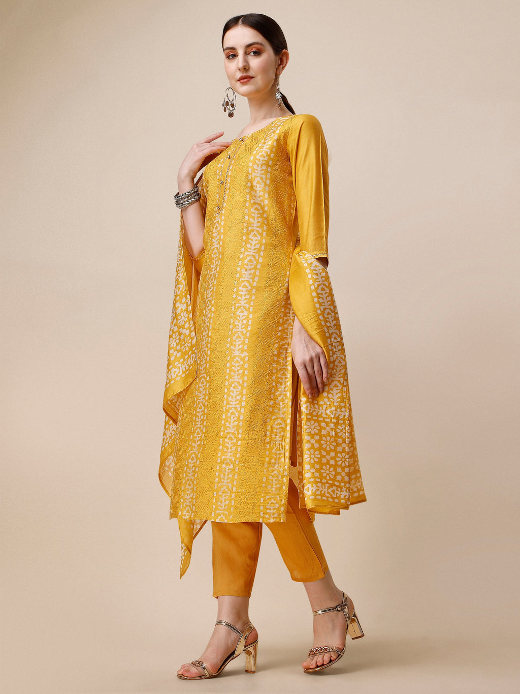 Printed & Embroidered Kurta With Pant & Dupatta Set, Multicolor - Hiral Fashion | Grocsy