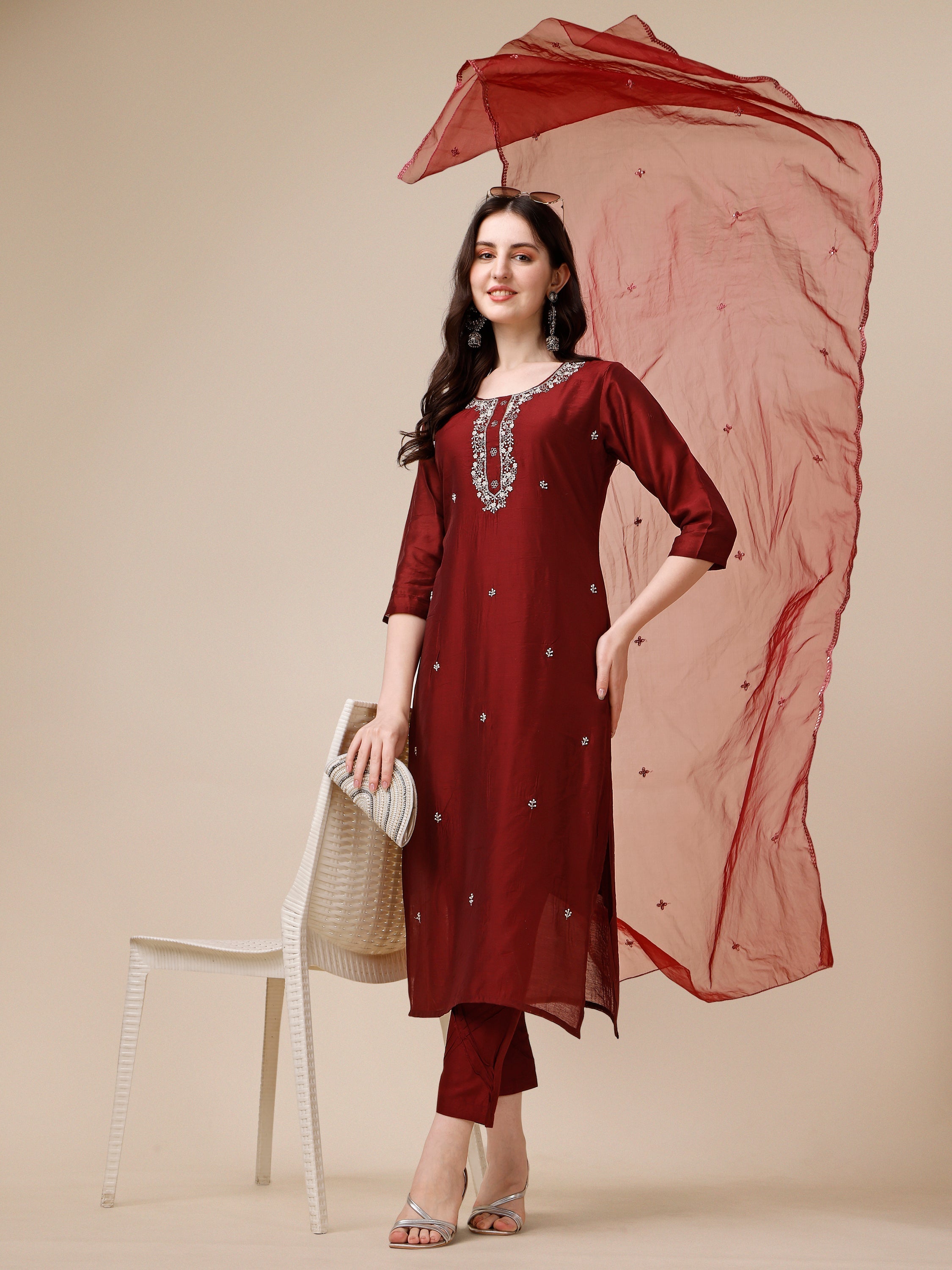 Embroidered Kurta With Pant And Dupatta Set, Multicolor - Hiral Fashion | Grocsy