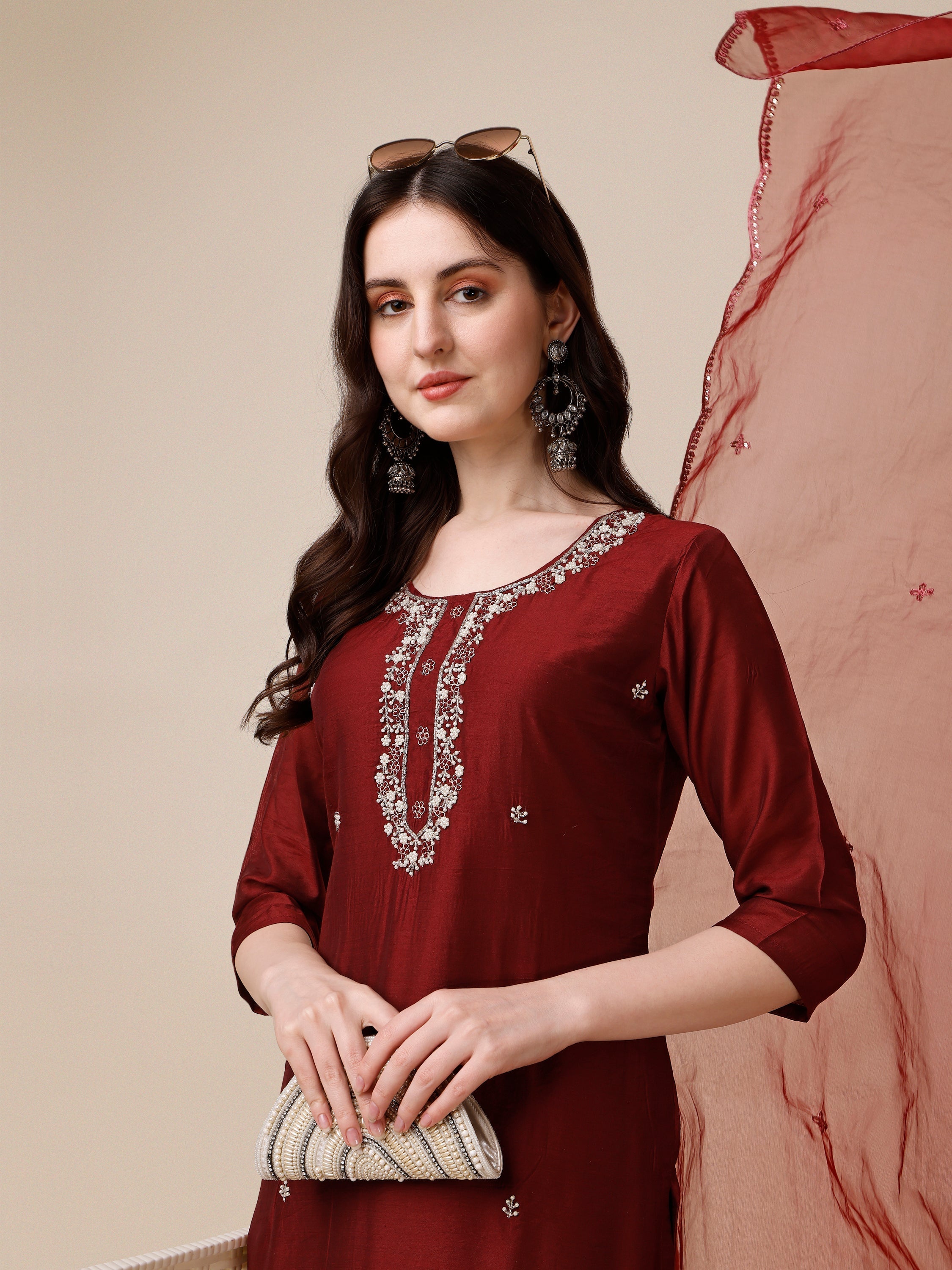 Embroidered Kurta With Pant And Dupatta Set, Multicolor - Hiral Fashion | Grocsy