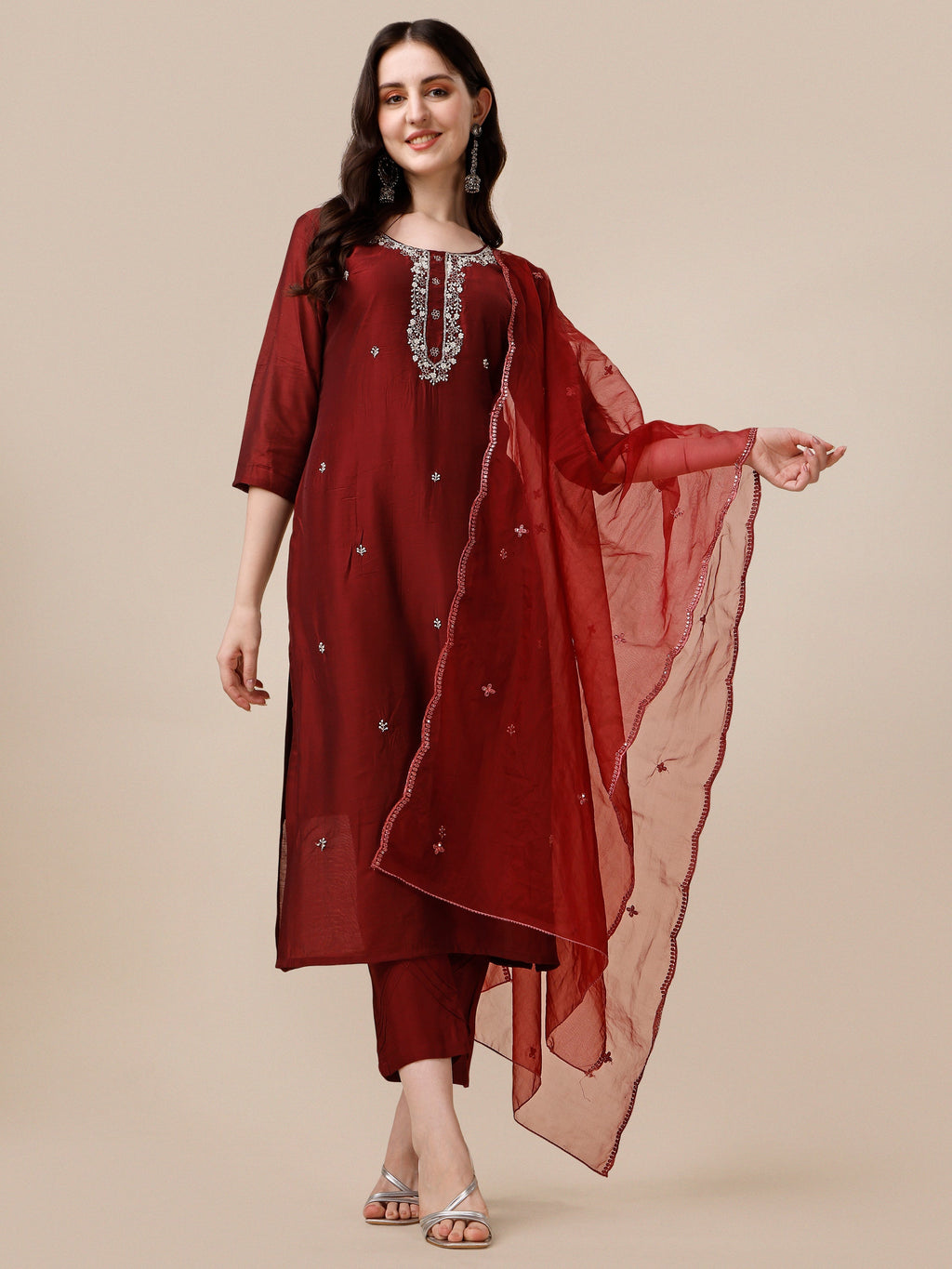 Embroidered Kurta With Pant And Dupatta Set, Multicolor - Hiral Fashion | Grocsy