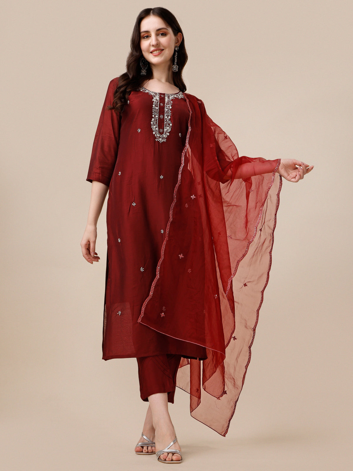 Embroidered Kurta With Pant And Dupatta Set, Multicolor - Hiral Fashion | Grocsy