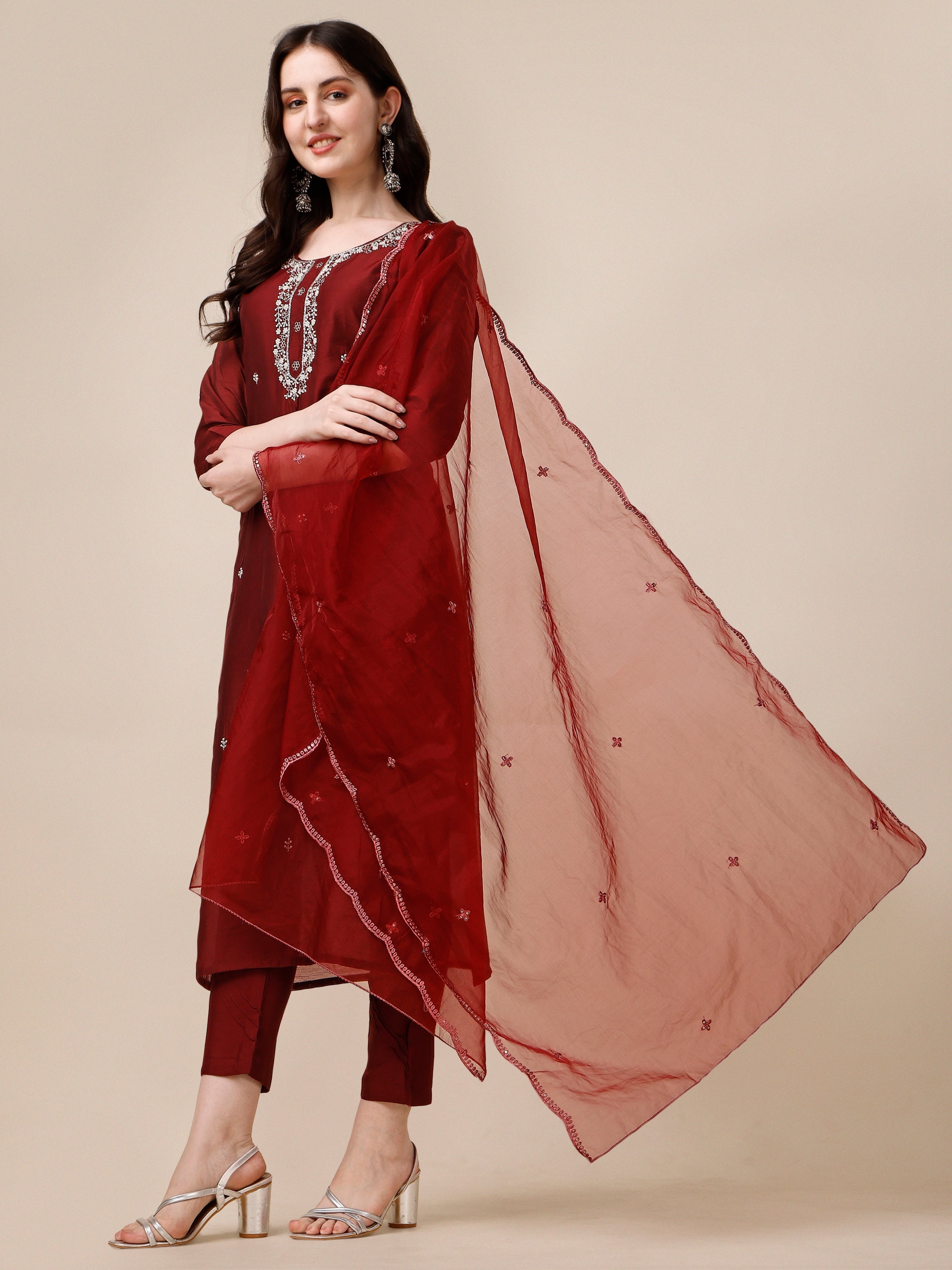 Embroidered Kurta With Pant And Dupatta Set, Multicolor - Hiral Fashion | Grocsy