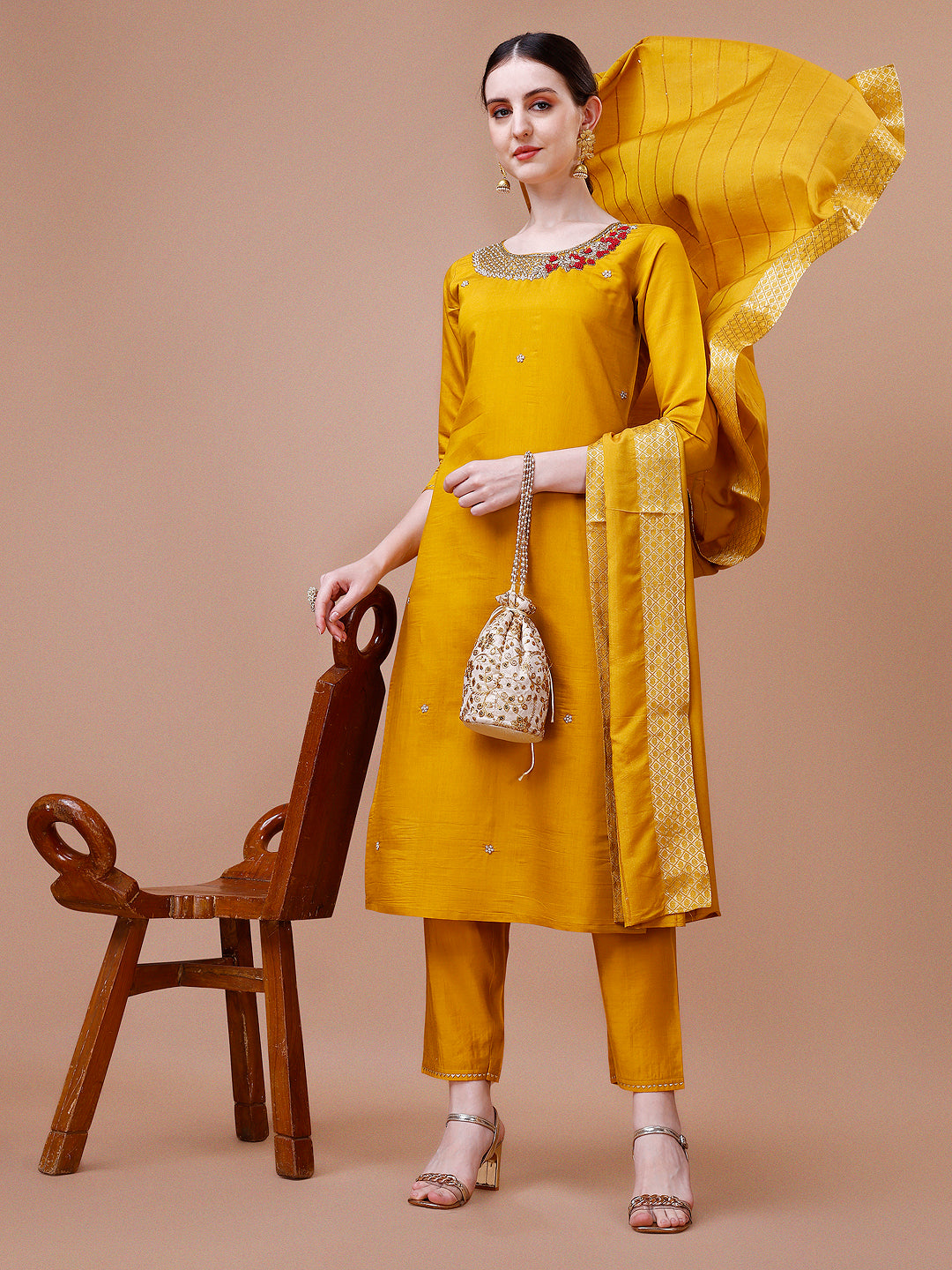 Hand Embroidered And Embellished Kurta With Pant And Dupatta Set, Multicolor - Hiral Fashion | Grocsy