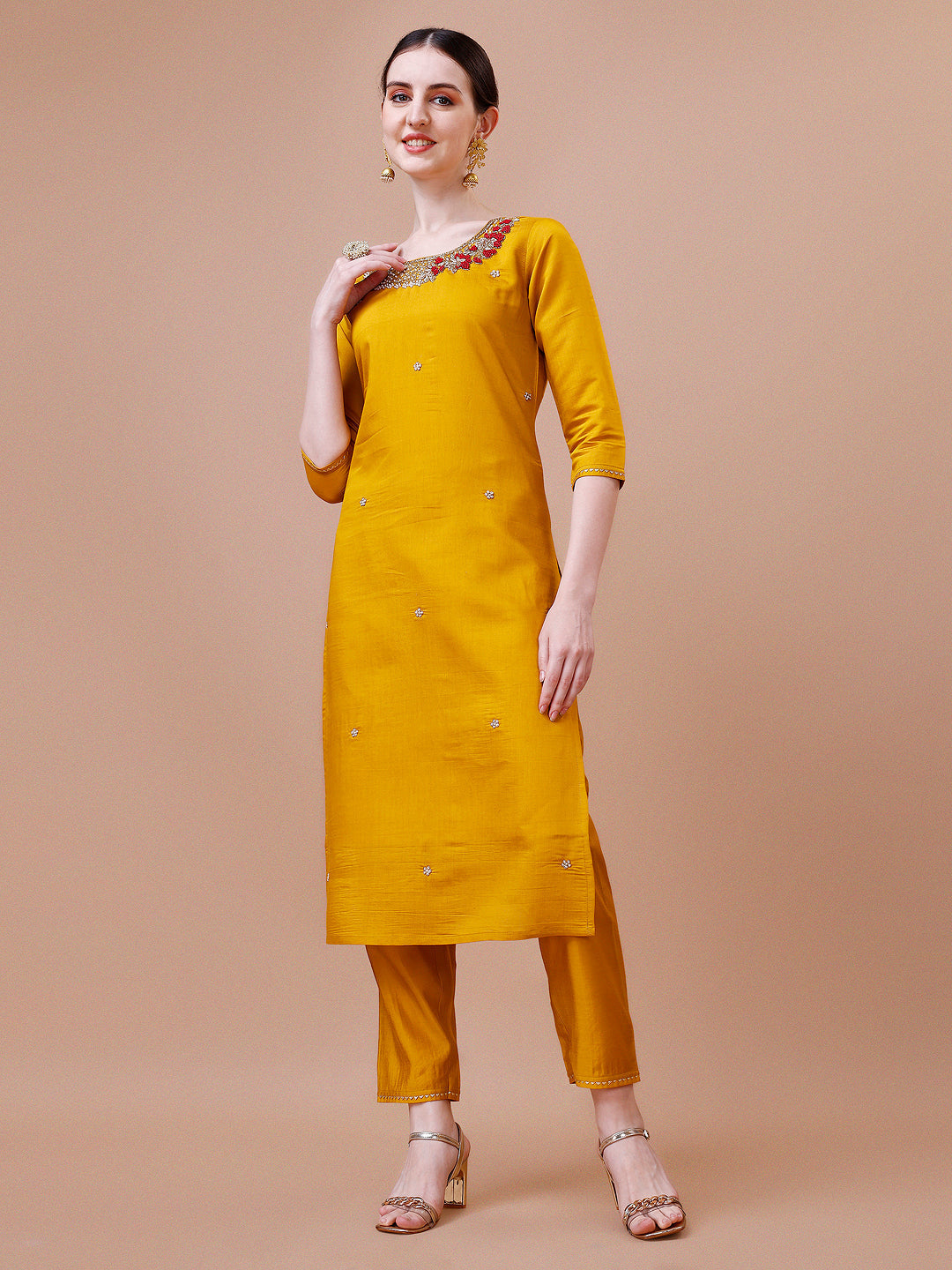 Hand Embroidered And Embellished Kurta With Pant And Dupatta Set, Multicolor - Hiral Fashion | Grocsy