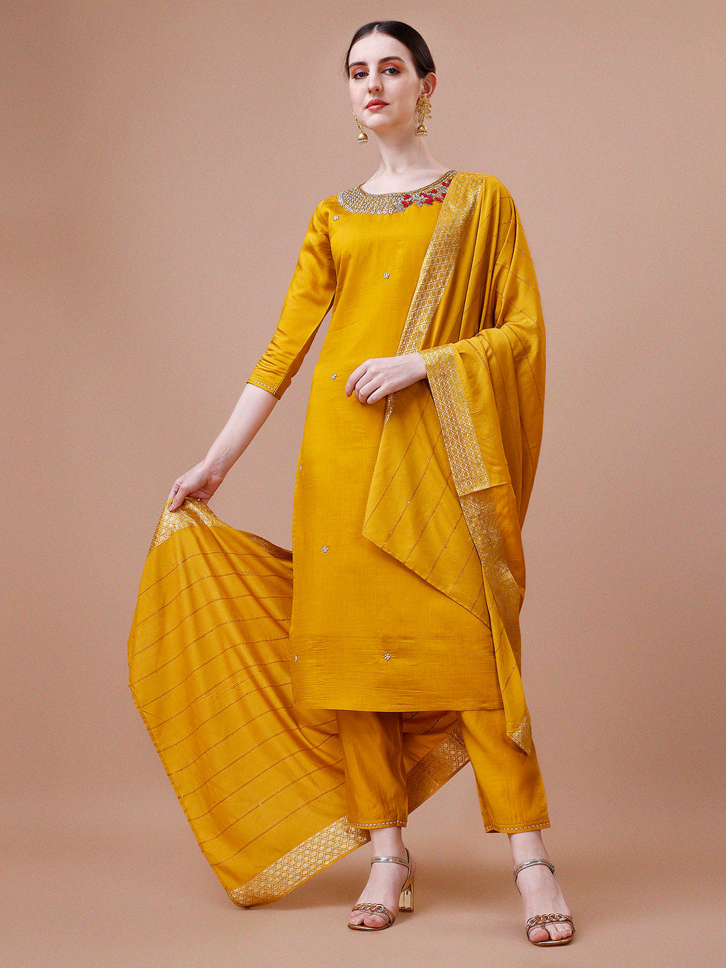 Hand Embroidered And Embellished Kurta With Pant And Dupatta Set, Multicolor - Hiral Fashion | Grocsy
